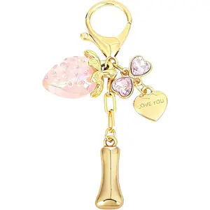 Bubble Initial Keychain with Strawberry & Bow- Gold Letter Bag Charms for Women, Cute Purse Handbag Accessories