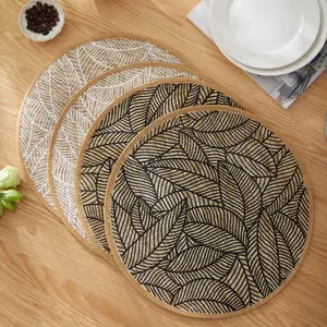 6pcs/set Bohemian Jute Printed Placemats with Faux Leather Edges, Heat Insulation Mats, Decorative Mats, Waterproof Placemat, Kitchen Decorative Placemat