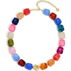 Colorful Chunky Necklaces for Women Multicolored Large Square Acrylic Beads Necklace Trendy Bold Statement Beaded Necklace Summer Vacation Choker Jewelry