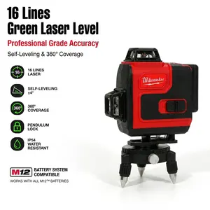 Milwaukee M12 16-Line Cross Laser Level for Drywall Hanging and Wall Tile Alignment Measurement Tool features 0.3mm High Accuracy and Horizontal Vertical 360 Coverage Kit with High-Capacity Lithium Battery home project meter outdoor tool