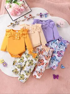 Baby Girl 3-Piece Set Includes Romper Butterfly Print Pants Hairband, Sweet Cute Style with Ruffle Bow Details, Comfortable and Easy to Wear Infant Newborn Gift Set