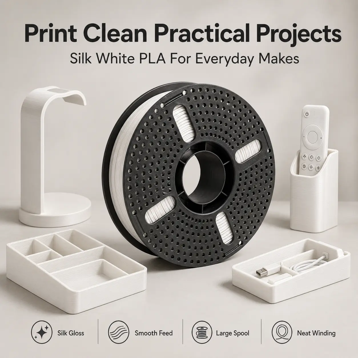 Silk PLA+ 3D printing filament (approx. 2.7 lbs), 1.75 mm, 20 colors available, glossy finish, for home storage and artistic creations — Silk White, Candy Rainbow, Nebula Rainbow — smooth performance, strong layer adhesion, compatible with FDM printers, s