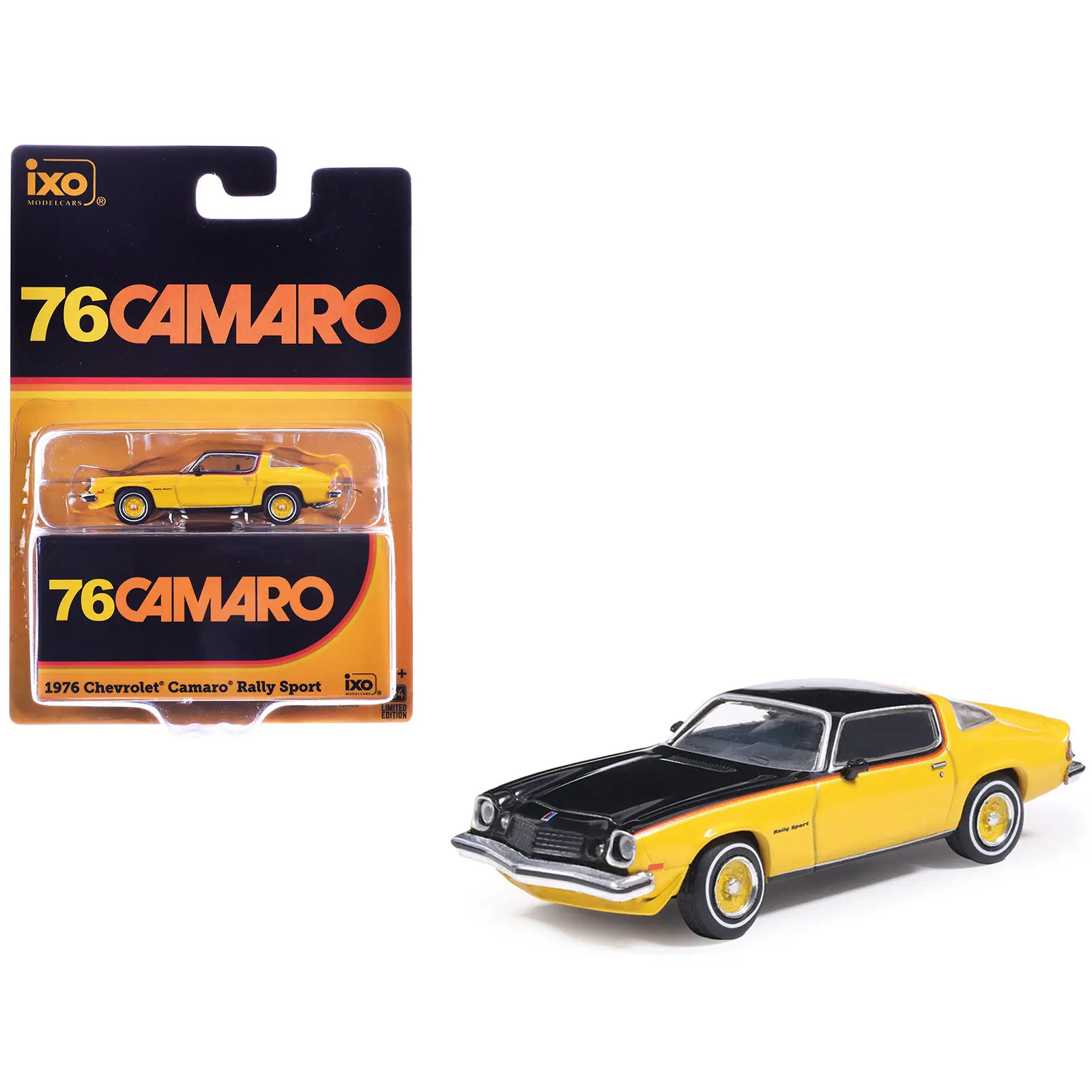 1976 Chevrolet Camaro Rally Sport Black and Yellow with Red Stripes 1/64 Diecast Model Car by IXO Models