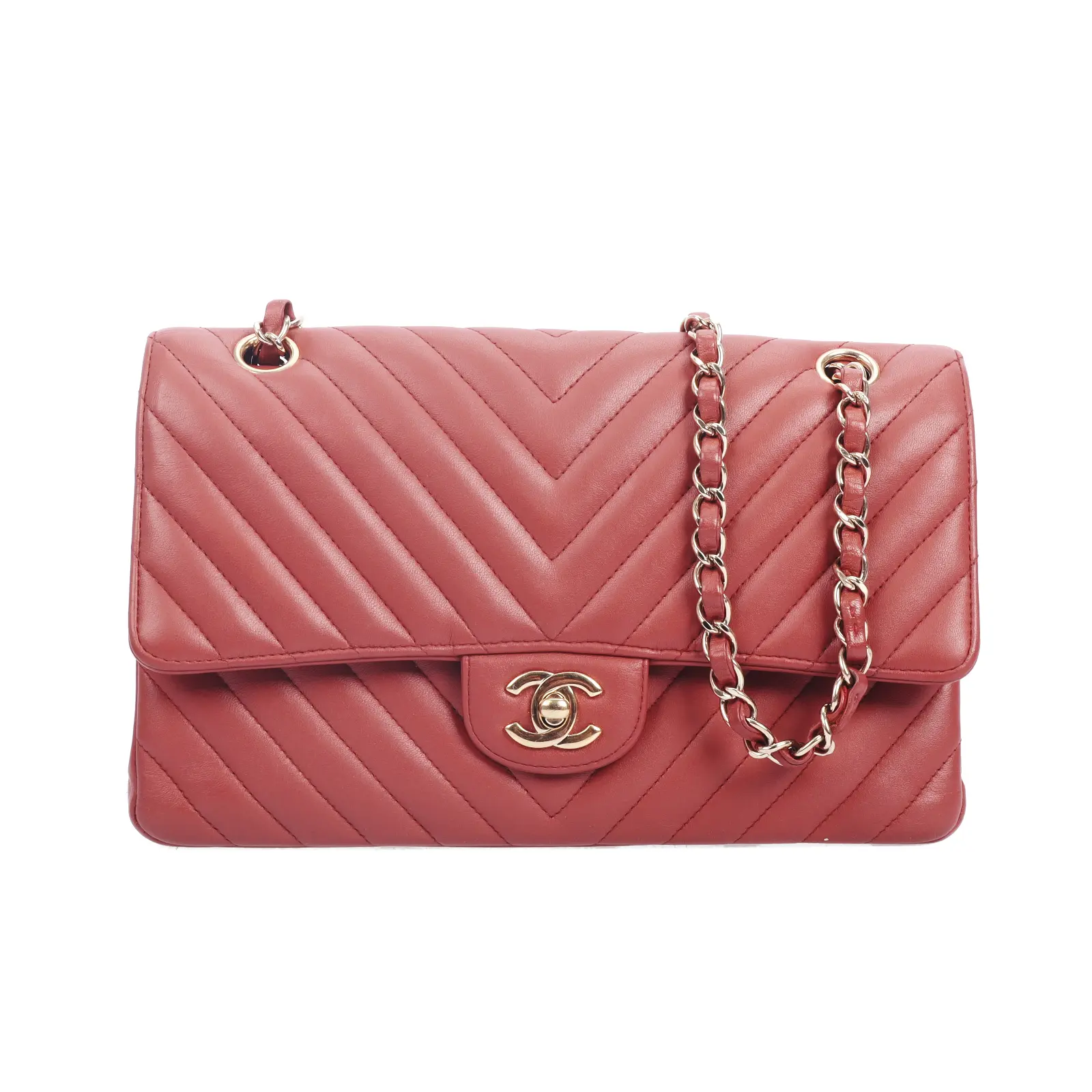 Pre-owned CHANEL Leather Shoulder Bags Genuine Shoulder Bag Classic Flap, Medium Size, Antique Rose Chevron, Satchel Purse, 95312817, Genuine Purse