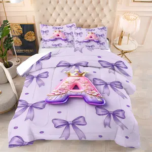 Dreamy Purple Bow Princess Crown Letter A-M Comforter Sets,Includes 1 Comforter & 1-2 Pillowcases,Sweet Princess Style Print Bedding Sets,Soft Breathable All Season Bedding for Girls Bedroom,Great Gift for Princess Theme & Bow Decor Enthusiasts