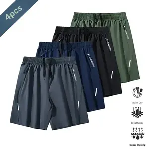 Men's athletic shorts pack of 4 breathable activewear made with stretchy, lightweight moisture wicking fabric; elastic drawstring waistband & side pockets perfect for running, the gym, & beach volleyball