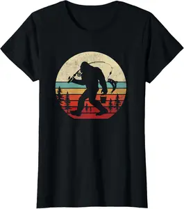 Bigfoot Fishing Funny Retro Sasquatch Dad Vintage Graphic Tees Menswear Casual Cotton Streetwear T Shirts for Women Unisex