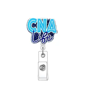 CNA Life Letter Design Badge Holder, 1 Count Portable Bling Retractable Badge Reel, Name Badge Holder for Nurse Doctor Student Volunteer Employee