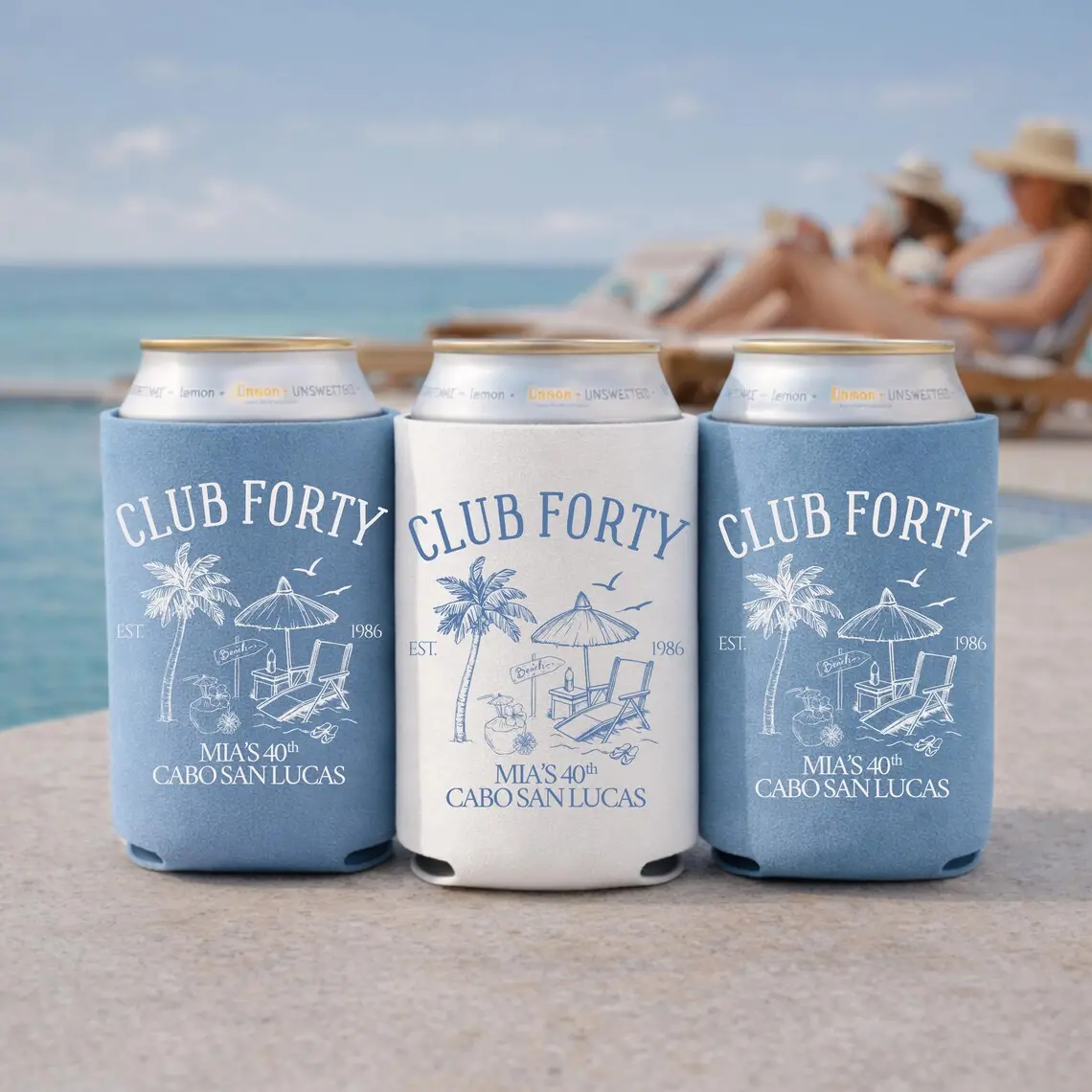 Club 40 50 30 Birthday Can Cooler, Custom Beach Bday Party Favors, Personalized Girls Trip Drink Holder, Cabo Bash - scs18858