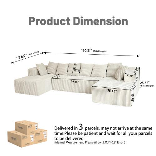 [2 Packs Shipped] Niccae U-Shaped Modular Sectional Sofa - 132.5" Corduroy Upholstered 5-Seat Oversized Living Room Furniture, No-Assembly-Required Modern Couch with 2 Pillows for Living Room, Upholstered Sofa Couch