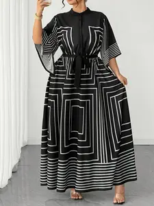 Summer Women's Long Dress, Plus Size Loose Geometric Print, Stand Collar Button Front, Abstract Line Design, Casual Office Wear