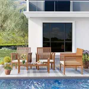 4 Piece Outdoor Acacia Wood Sofa Set with Water-Resistant Cushions, Patio Conversation Furniture for Garden, Backyard, a