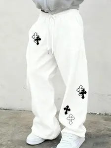 Men's Stacked Cross Print Wide Leg Sweatpants | Multi-Color Streetwear Pants with Elastic Drawstring Waist & Gothic Cross Graphic | Y2K Baggy Style for Gen Z Guys & Punk Fashion Enthusiasts | Casual Streetwear Trousers
