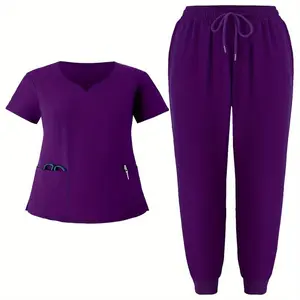 Solid Color Two-piece Set, Functional Patched Pockets Scrub Top  Drawstring Pants Outfits Medical Care, Women's Clothing Fabric Womenswear Collar Overalls Suits Underwear Lady Comfort Basic Minimalist