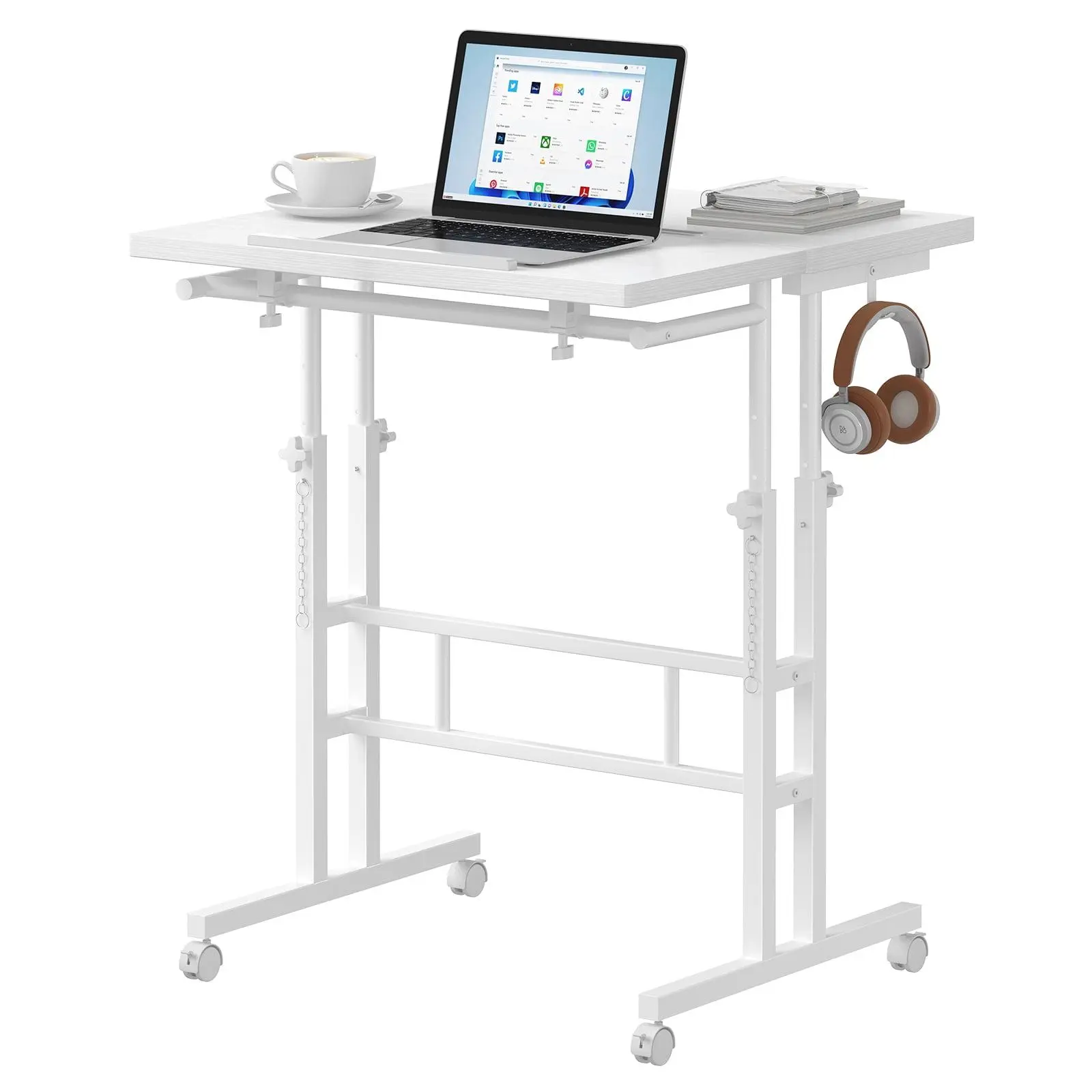 Standing Desk with Wheels, Dual Desktop Height Adjustable Desk, Treadmill Desk for Walking Pad, Mobile Computer Table with Cup Holder for Home Office Bedroom Living Room, White