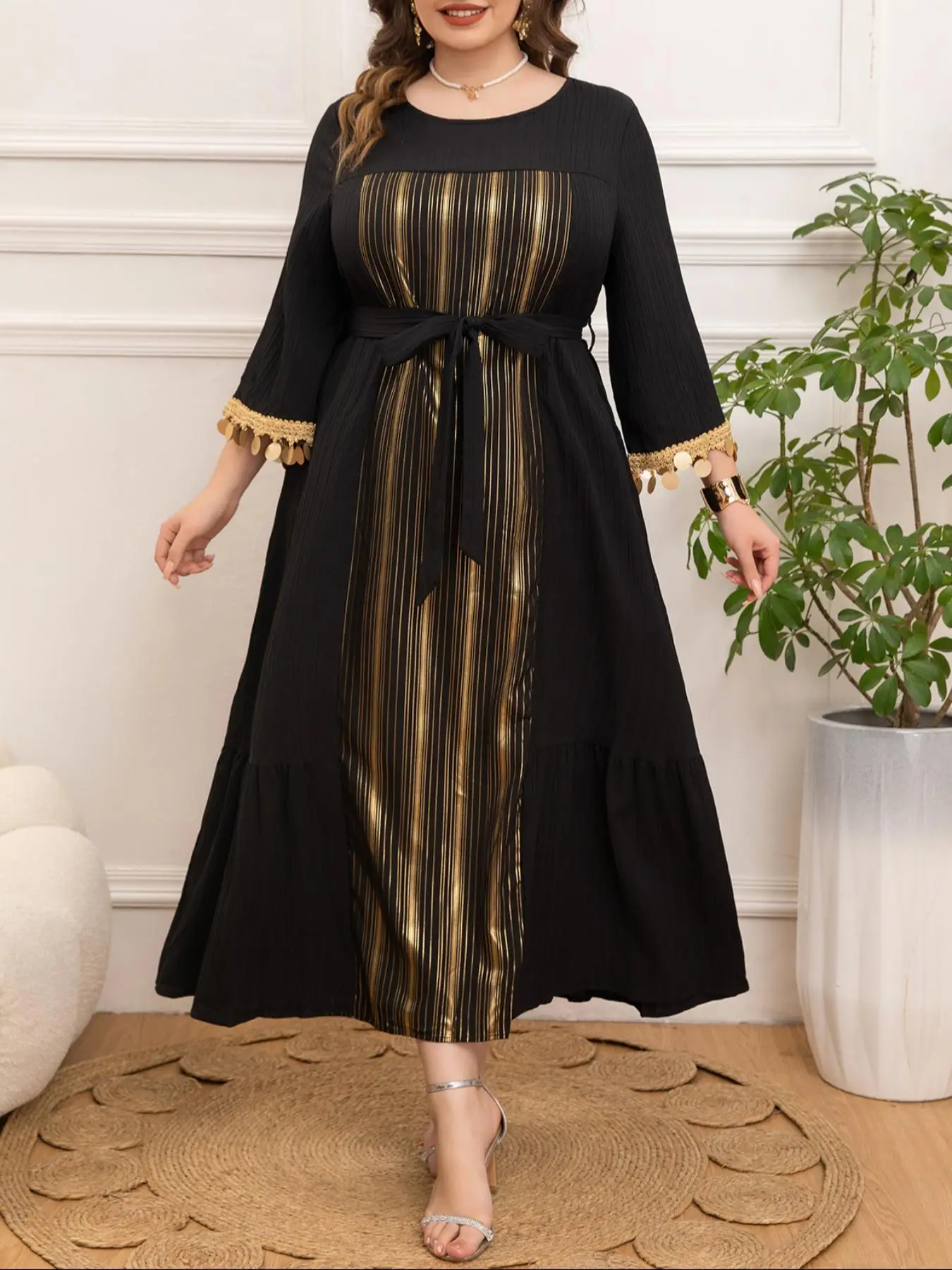 【Plus Size】 Women's Hot Stamping Patchwork Belted A Line Dress, Elegant Sequin Tassels Decor Flounce Sleeve Round Neck Dress for Party Holiday Wedding