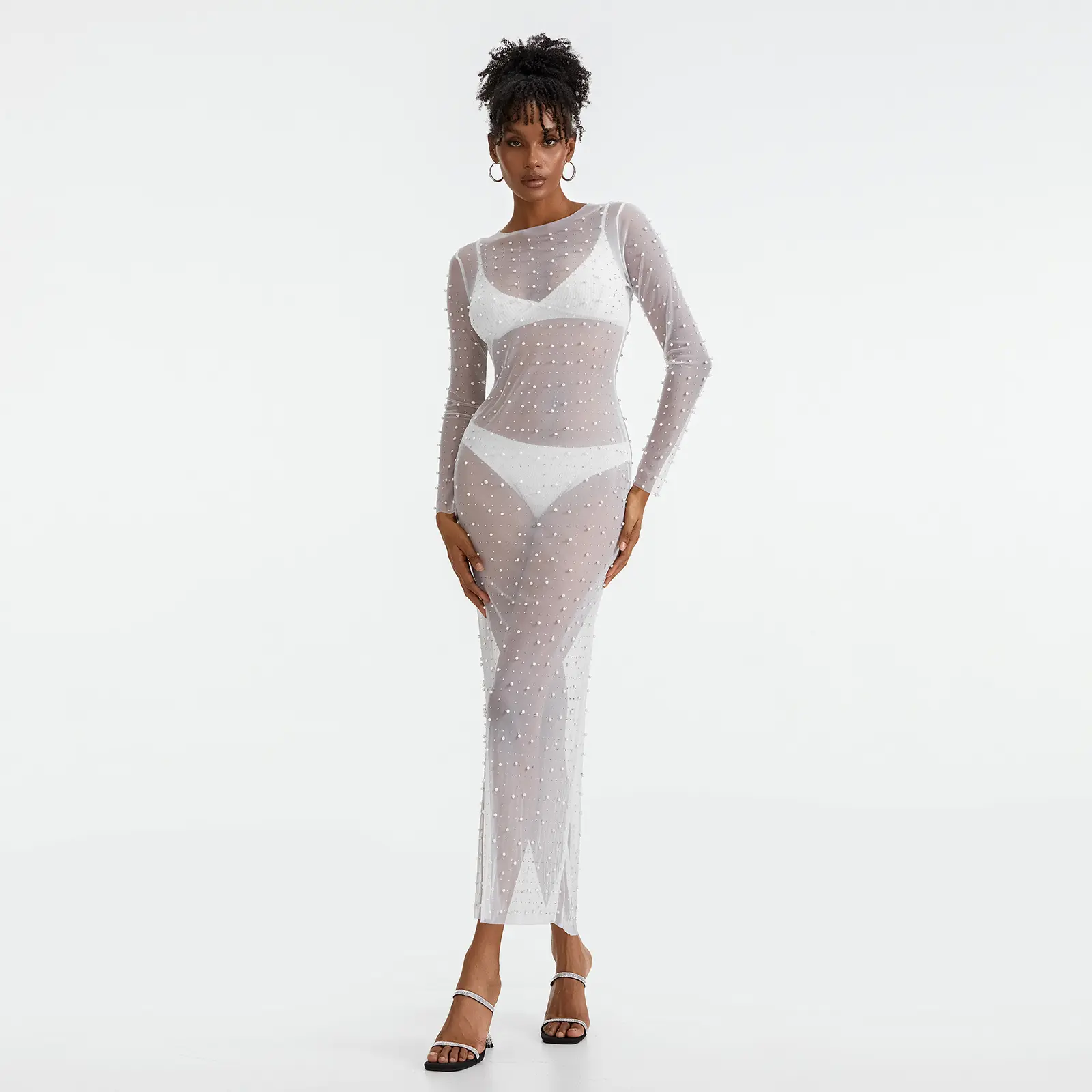 Women's Sheer Mesh Pearl Rhinestone Cover Up Dress Summer Beach Swimwear See Through Bikini Bathing Suit Coverups