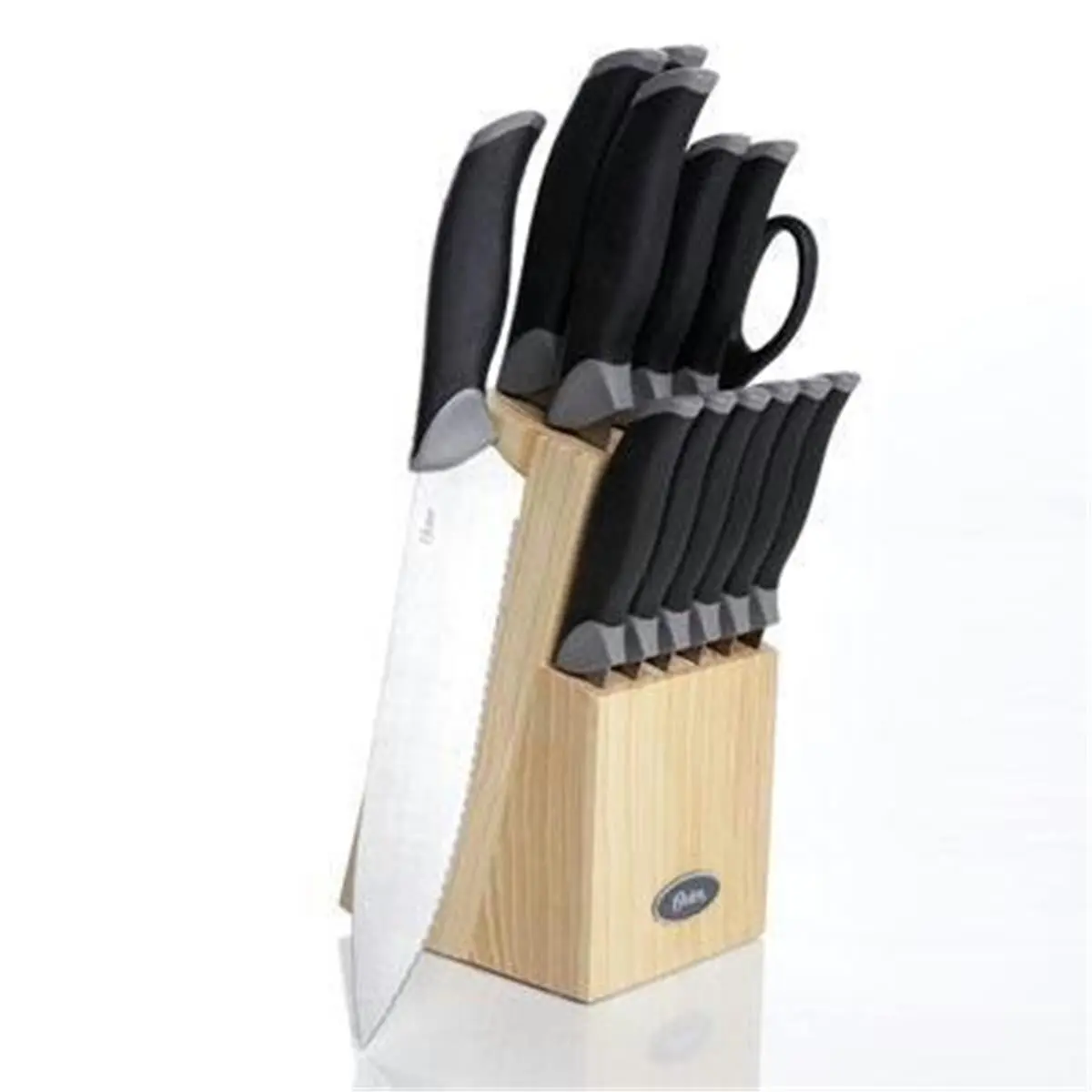 Gibson 14-Piece Lindbergh Kitchen Cutlery Set, Stainless Steel Steak Knife with Black Rubber Handles, 3 in. Paring Tool, 6 in. Boning Utensil, Solid Pine Wood Block for Camping Picnic Use, Knives, Natural, 4.5 In. Steak, 7.5 In. Bread, 8 In. Chef, Include