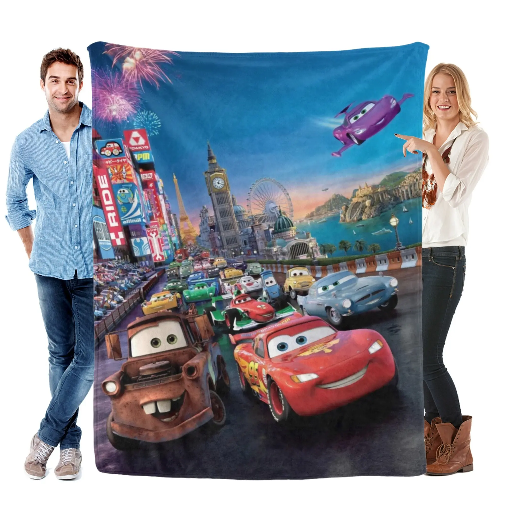 [SummerVibes] DISNEY CLASSIC Cars World Grand Prix Flannel Blanket, Soft Cozy Lightning McQueen & Mater Throw for Home, Bedroom Decor & Couch