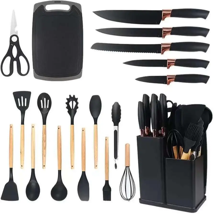 Silicone Kitchen Utensils Set, 19pcs Non-stick Cooking Utensils with Storage Holder, Heat Resistant Cooking Tools, Silicone Spatula, Wooden Cooking Tools, Kitchen Supplies, Kitchen Cooking Accessories, Kitchen Utensils Gadgets, Kitchen Tools And Gadgets