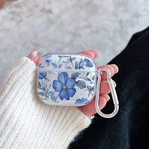 Blue Flowers Pattern Protective Case for AirPods 4/3/2/1/Pro/Pro2 Soft TPU Earphone Cover, Transparent with Keychain