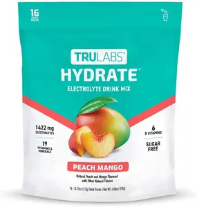Hydrate Electrolyte Drink Mix Peach Mango Flavor Sugar Free Hydration Packets with 1422 mg Electrolytes 19 Vitamins and Minerals Monk Fruit Sweetened On the Go Sticks 16 Count for Rapid Rehydration Recovery and Energy Support Drink Mix Packets