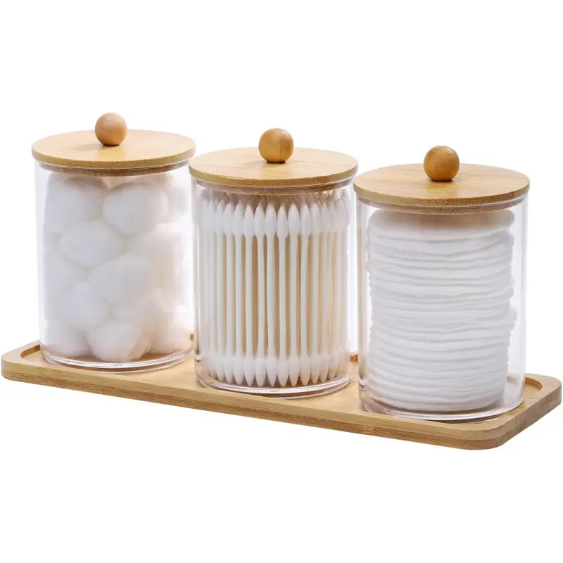 10 Oz Cotton Swab/Ball/Pad Holder with Vanity Tray, Qtip Apothecary Jar, Clear Bathroom Containers Dispenser for Storage 3 Pack Wood Lids