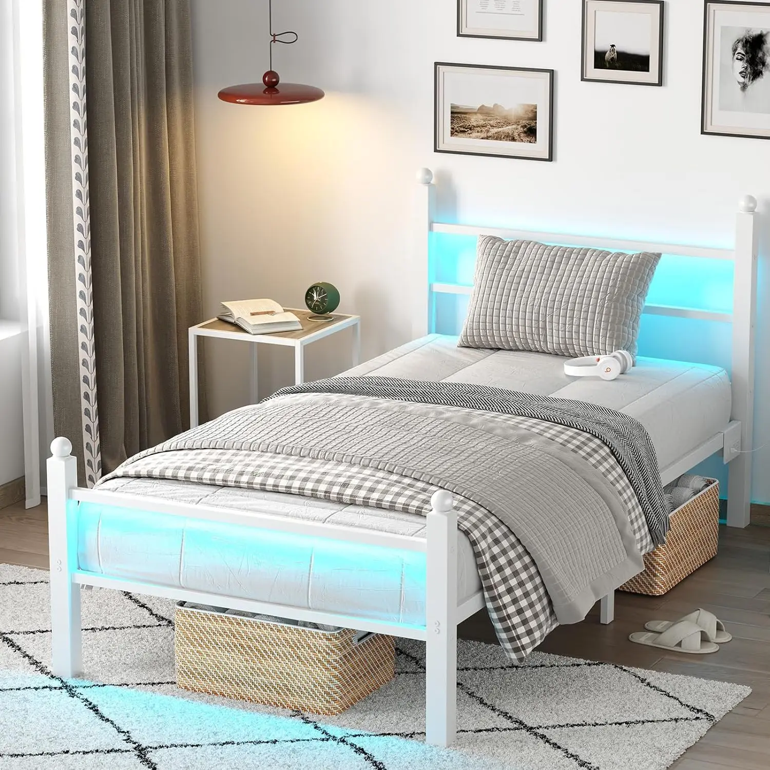 Twin Bed Frame with LED Lights, White Wood Platform Bed with Headboard, No Box Spring Needed