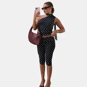 Women's One Shoulder Halter Neck Polka Dot Crop Top & Slim Fit Capri Pants Two-Piece Set 2026 Spring Summer New Arrival with Tie Detail Weekend Outings Casual Dates Street Style Stylish Matching Outfit for Modern Ladies