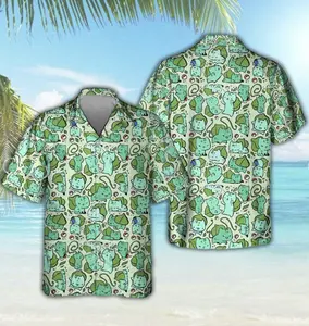 Bulbasaur Hawaiian Anime Button Up Shirt, Gifts for Him, Dad, Menswear, Collared Top Short Sleeve, Father's Day, Christmas, Birthday, Cartoon Frog