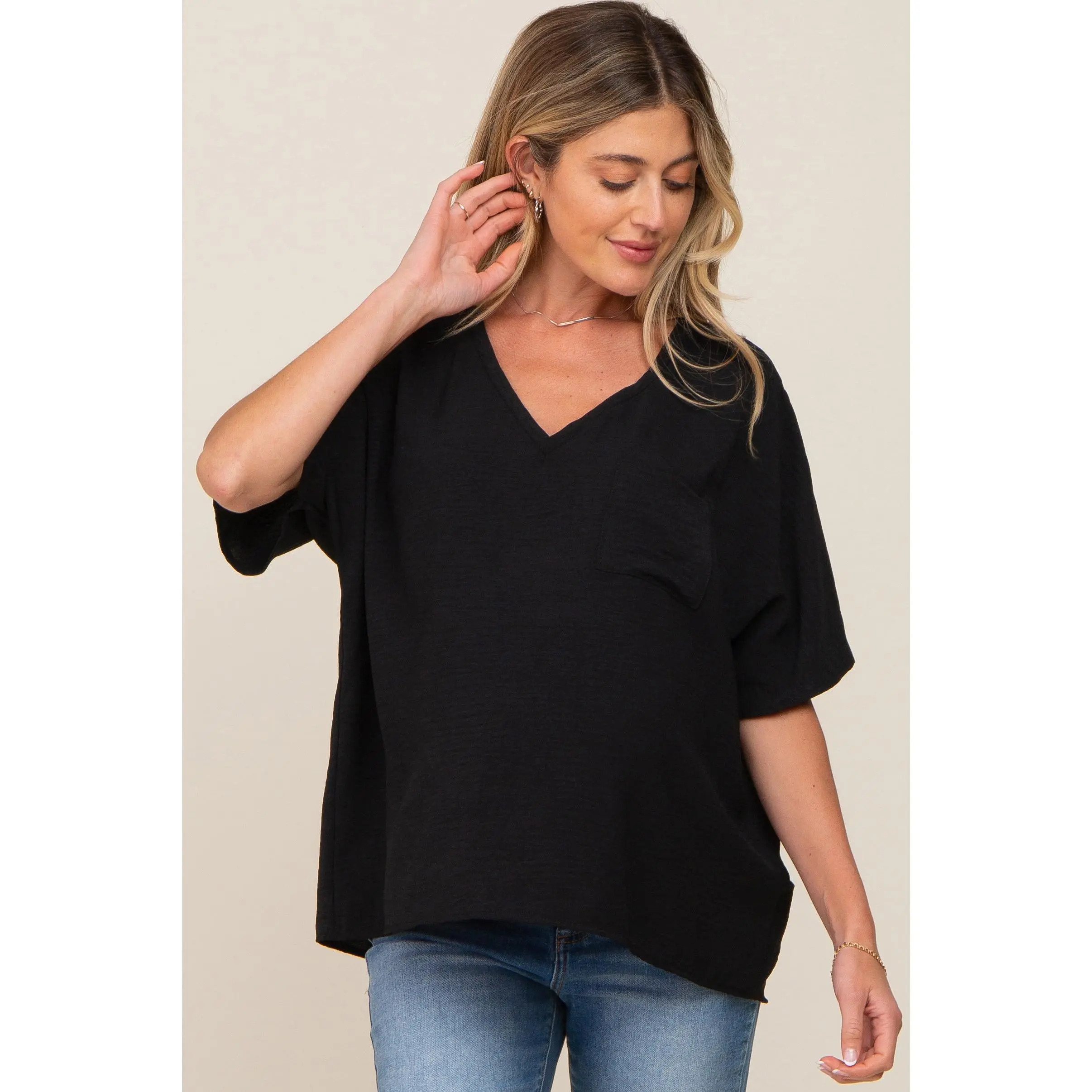 Black Oversized V-Neck Pocket Front Maternity Blouse, Maternity Wear, Casual Fit Maternity