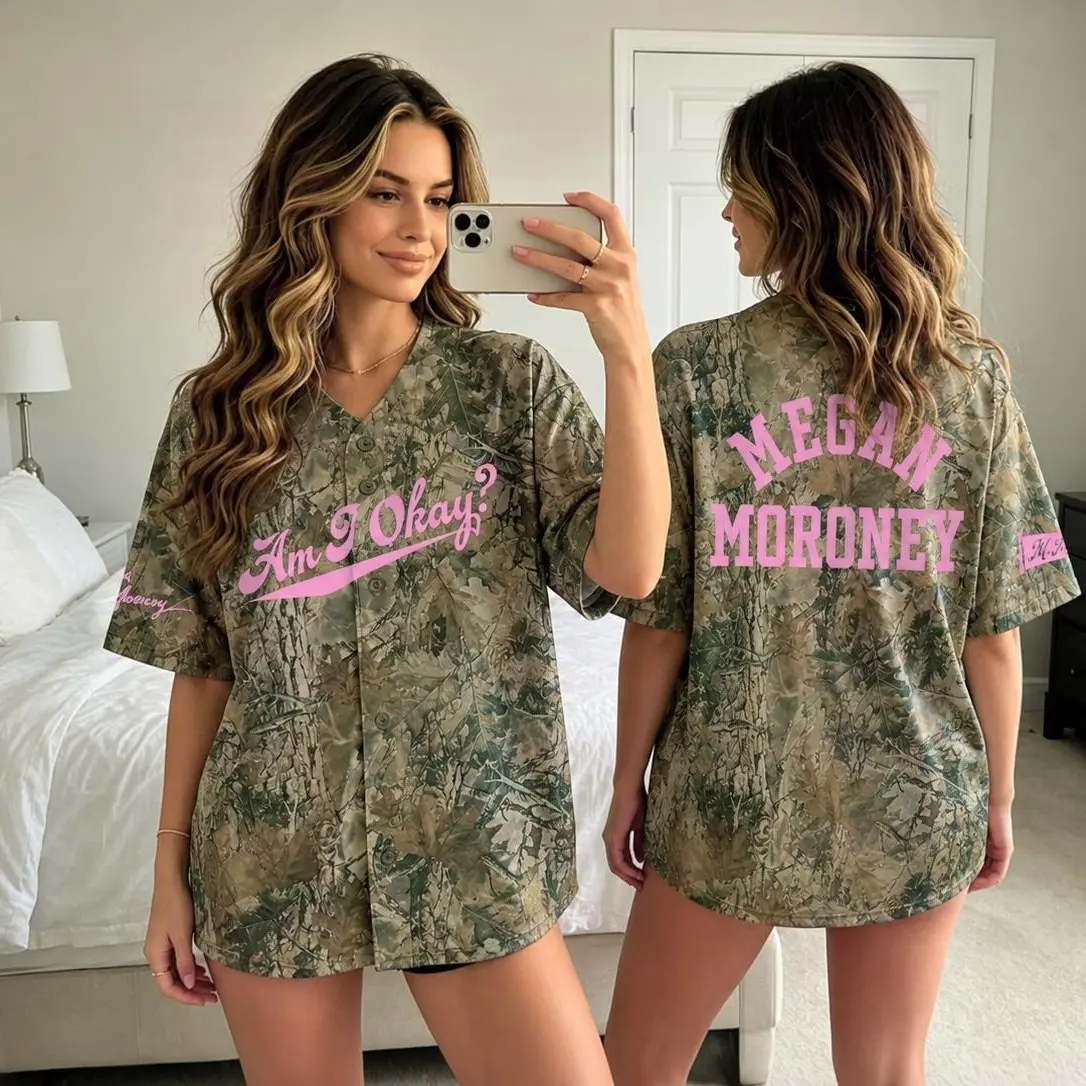 Retro Megan Moroney "Am I Okay?" Camo Baseball Jersey, Pink Graphic Country Music Merch, Camouflage Pattern Button Up Shirt for Women Men