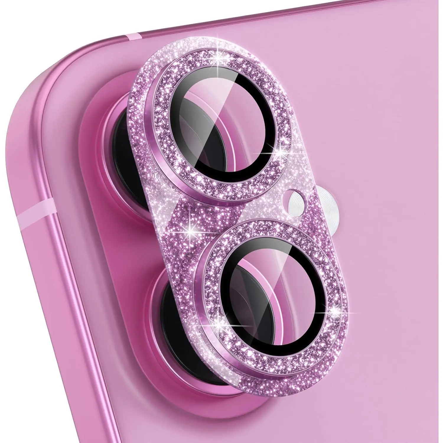 Compatible for iPhone 16 /iPhone 16 Plus Camera Lens Protector, Bling Camera Cover with 9H Tempered Glass Lens Screen Protector Metal Ring Decoration Accessories (Glitter-Pink)