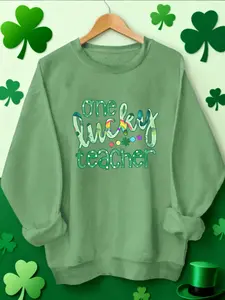 Women's Saint Patrick's Day Round Neck Long Sleeve Sweatshirt, Lucky Teacher Slogan Design, Casual Fitted Graphic Top, Fall & Winter Fashion