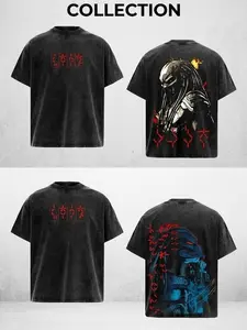 [Collection Predator & Hoddie] BoldThreads Predator "Hunter "Assassin - Predator Edition Double Printed Oversize Lightweight Acid Washed Tee TV show/ Movies Graphic Design Top Cotton Streetwear - Horror movie / Devil T-Shirt Clothes Menswear Womenswear.