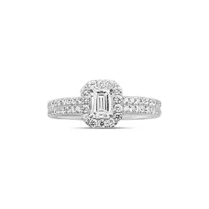 14K White Gold emerald cut halo diamond ring, Lab grown diamond prong engagement ring, Brilliant cut hidden halo pave diamond ring gift