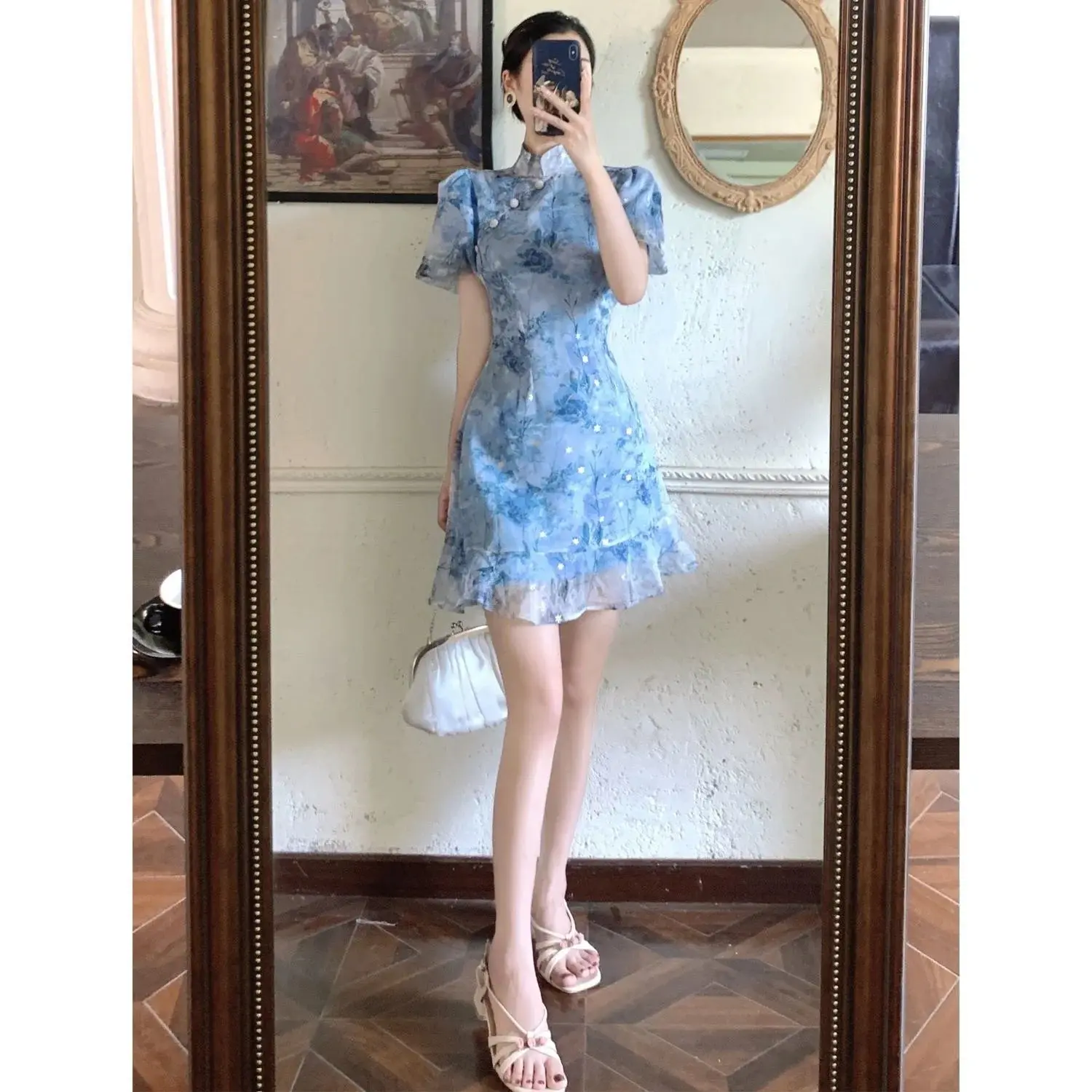 Cerulean Botanical Puff Sleeve Qipao | Neo-Chinese Cheongsam, Romantic Mini Dress, Botanical Print, Garden Party Wear
