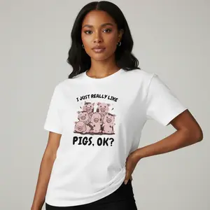 Women's 100% Cotton T-shirt with Cute Piglet Pattern Black and White Color Scheme Adorable Pet Pig Design Lightweight Durable Comfortable for Animal Lovers Fun Gift for Pig Enthusiasts Vintage Street Casual Wear - Top, Fabric oversized tshirt women