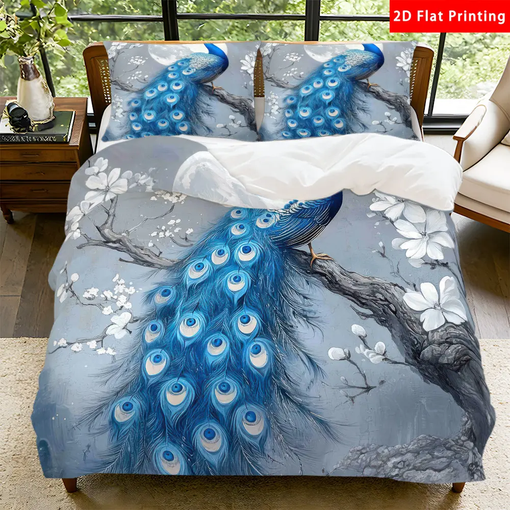2/3 Pcs 2D Flat Moonlit Peacock Magnolia Duvet Cover Set Peacock Magnolia Bedding Set Quilt Cover 1 Duvet Cover + 1/2 Pillowcases Elegant Top Sheet Decorative Bedding Bedroom Decor