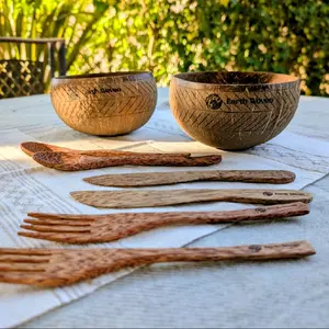 Earth Woven Artisan Coconut Bowl Set 2 Large Hand Carved Eco Friendly Kitchenware with 2 Portable Wood Cutlery Sets for Acai or Poke Bowls