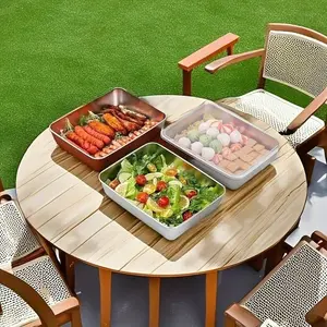 1/3pcs Stainless Steel Outdoor Food Storage Box with Lid, Towel Tray, Vegetable Tray, Meal Tray, BBQ Special Square Dish, Gelatin Tray