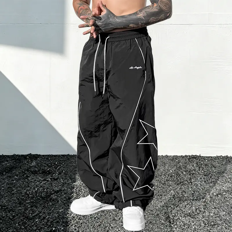 Men's Track Pants, Oversize 90s Streetwear Style with Star Print and Contrast Stitching, Quick-Dry Polyester, Drawstring Waist, Hem, Thick, Elastic, Geometric
