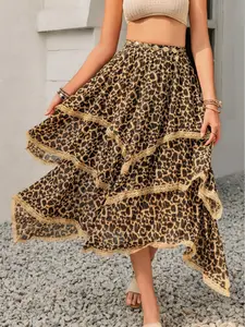 Leopard Print Lace Detail Woven Layered Midi Skirt, Elegant A-Line Party Gown, Women's Fashion Clothing for Special Occasions