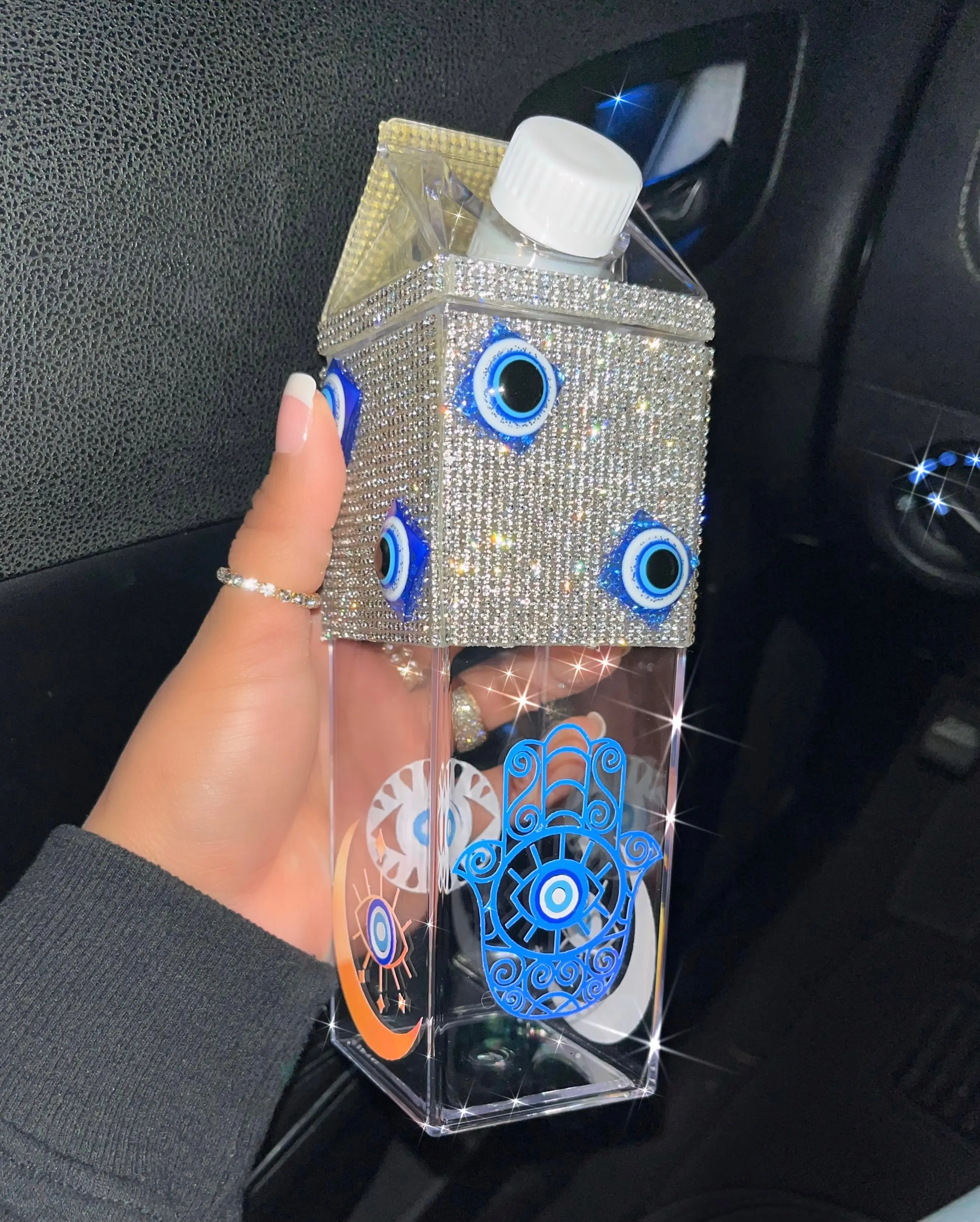 Handmade Evil Eye Bottled Reusable Cup - 16 Ounce Acrylic Drinkware with Removable Lid - Tumbler Washable Portable