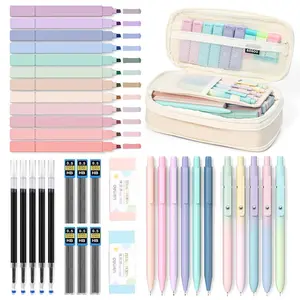 37 PCS Cute School Supplies with Pen Case for Girls - 5 Black Ink Gel Pens, 12 Pastel Highlighters, 6 Aesthetic Mechanical Pencils Set for Stationary College Essentials Cute Stationery Set