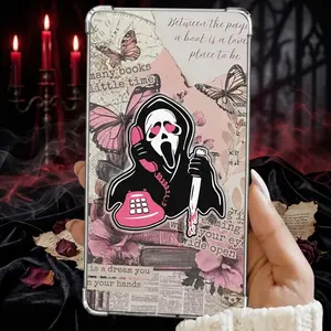 Pink Horror Phone Grip, Ghost Mask Grip with Phone and Knife, Coquette Spooky Phone Holder for Halloween Fans