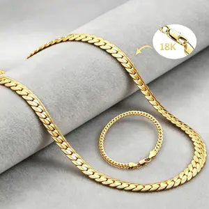5mm Wide Flat Herringbone Chain Jewelry Set for Women & Men, 18K Gold Plated Snake Link Necklace & Bracelet, Necklace 50/55/60cm, 20cm Stack Bracelet with 18K Engraved Clasp, Minimal Gold-Tone Daily Jewelry, Ideal Gift for Birthday & Valentine's Day