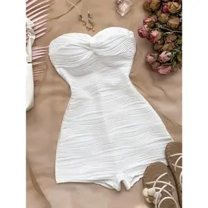 Solid Color Textured Fabric Jumpsuit Womenswear Overalls White Comfort， Sleeveless， Minimalist， rompers women， elegant party jumpsuit