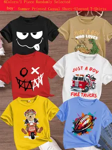 Boys Summer Casual Dinosaur Fire Truck Print Short Sleeve T-Shirt, Comfortable Versatile Loose Fit, Random Style, Perfect Gift