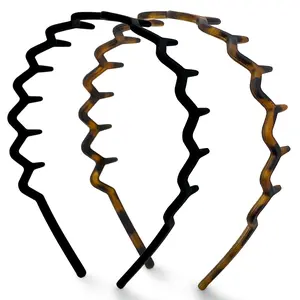 2PCS Wavy Zig Zag Headbands for Women – Comfortable Non-Slip Comb Hair Bands for Slick Back Hairstyles, Everyday Fashion Hair Accessories, Black & Tortoise